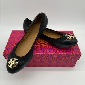 TORY BURCH CLAIRE ELASTIC BALLET 61551 - PERFECT BLACK/GOLD - SIZE US 6.5